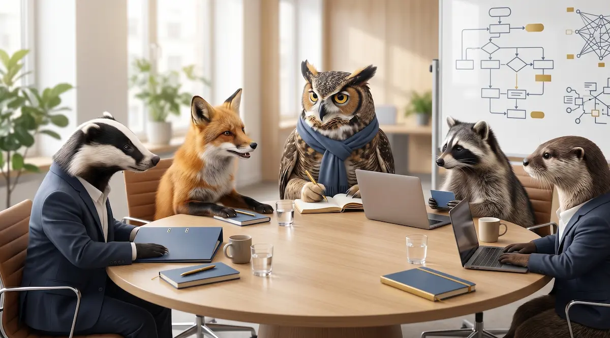 Un groupe diversifié d'animaux professionnels engagés dans une séance de co-développement en salle de réunion — illustration article Nokanhui sur la prévention des RPS.