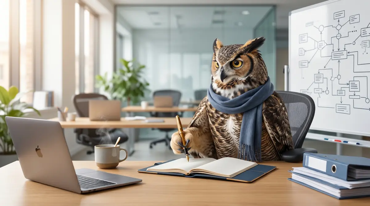 Un hibou grand-duc ultra-réaliste analysant des diagrammes complexes à un bureau moderne — illustration article Nokanhui sur la compréhension des RPS