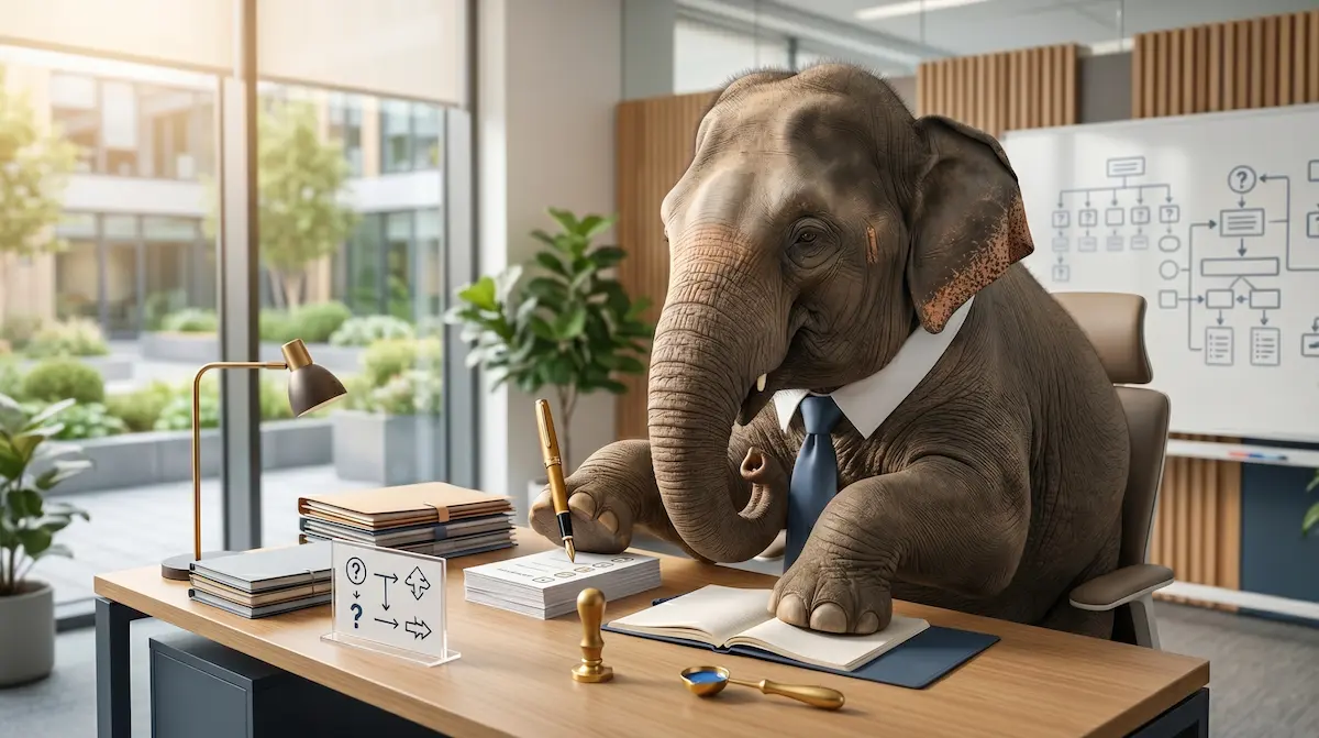 Un éléphant d'Asie ultra-réaliste dans un bureau lumineux, triant et organisant des fiches de questions-réponses pour une FAQ RPS.