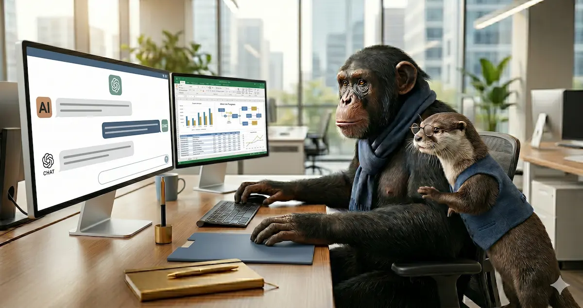 Un chimpanzé et une loutre collaborent sur deux écrans d'un bureau moderne, illustrant un article sur l'IA et la transformation du travail d'un point de vue RPS et QVCT par Nokanhui