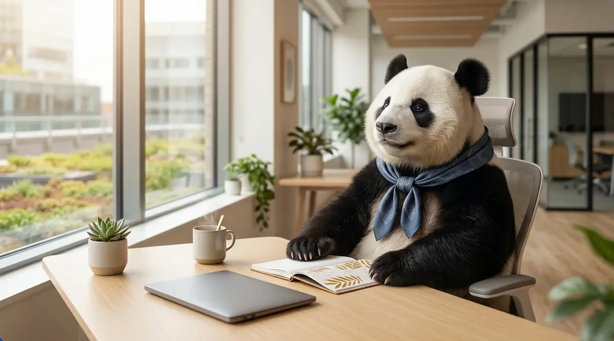 Un panda géant serein à son poste de travail dans un bureau lumineux — illustration article Nokanhui sur la semaine de 4 jours et la santé au travail